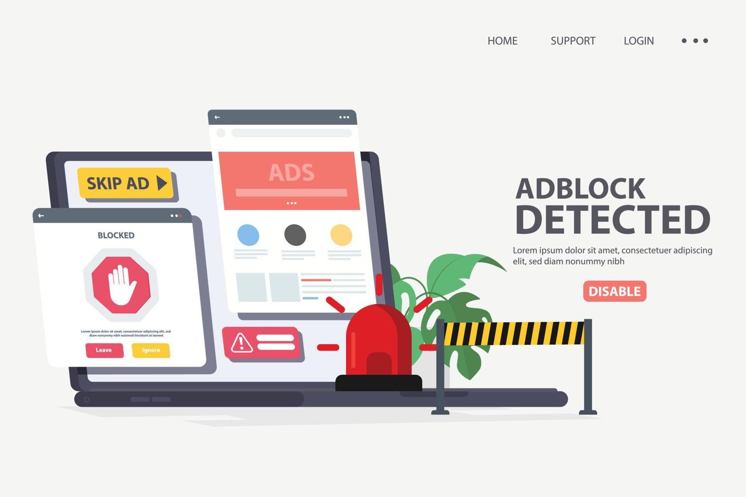 Please, disable ad blocker vector web browser message banner illustration for your blog or website. Ad blocker detection alert