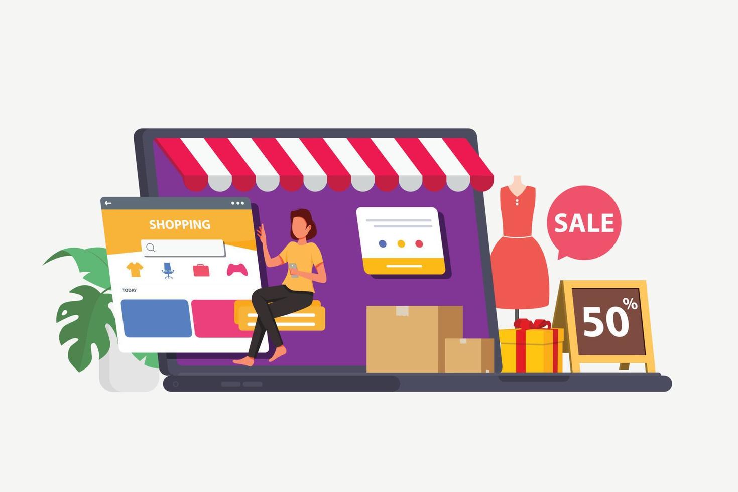 Online store via laptop set on podium with floating gift boxes aside, 3D web banner of online shopping vector