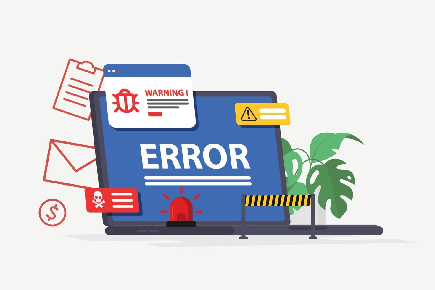 Laptop virus alert. System error warning on a laptop. Emergency alert. Scanning for malware, virus, scam, or bug with a magnifying glass. Antivirus concept. Illustration of internet virus malware vector
