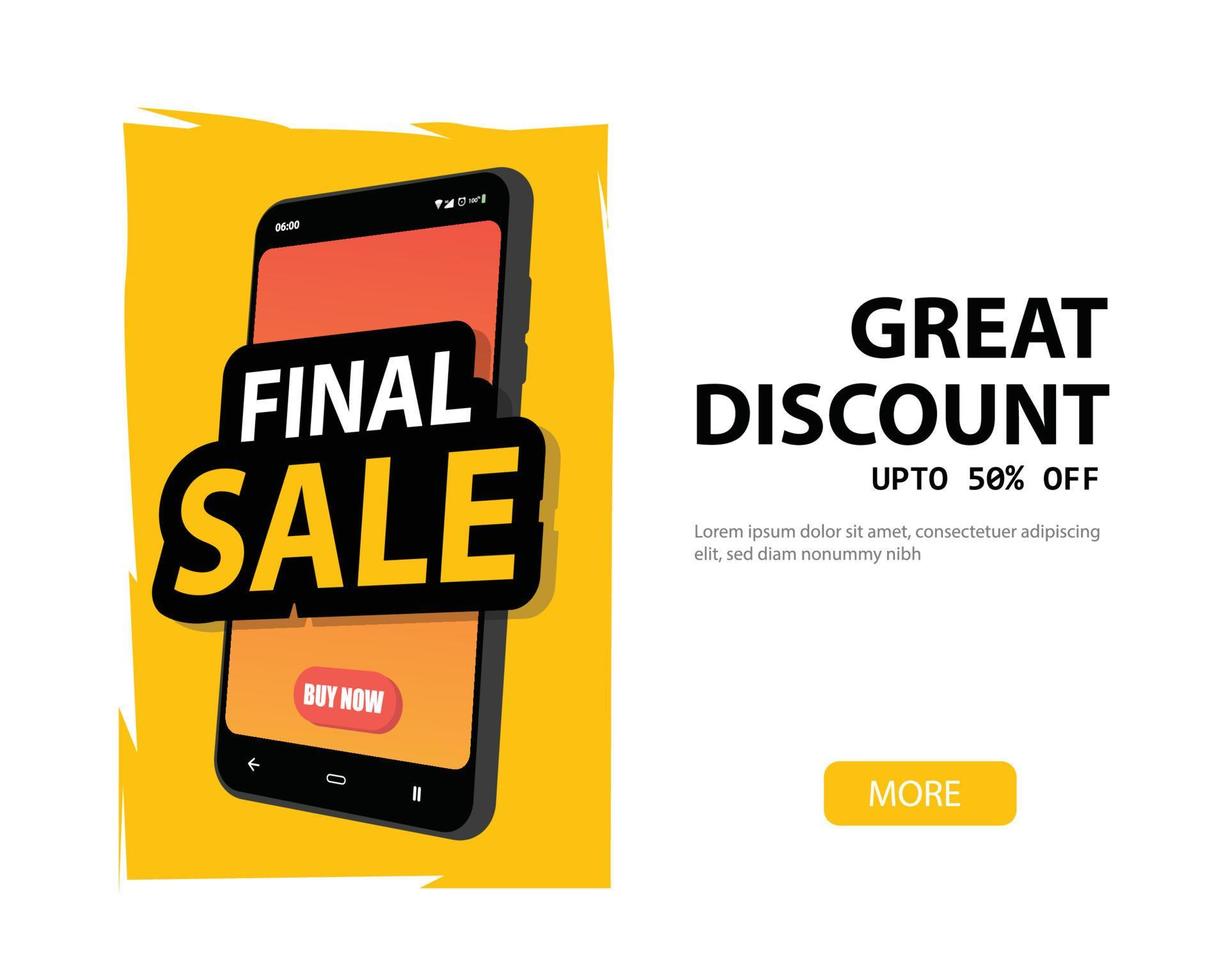 banner de venta de gran descuento con diseño de teléfono inteligente en ilustración 3d sobre fondo amarillo, vector