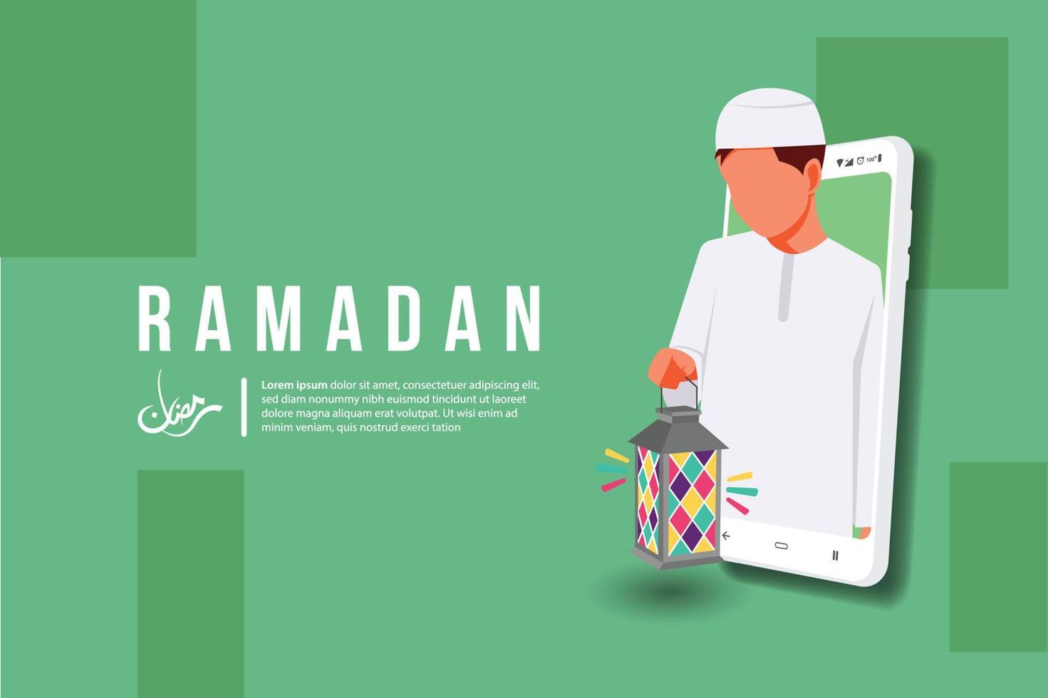 Boy moslem bring lantern lamp cartoon with on mobile vector icon illustration