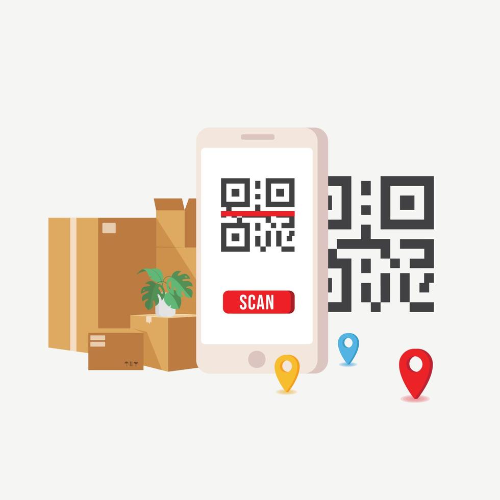 QR Scan tracking smartphone with map on screen, various types of transport and location mark. Order delivery online tracking vector