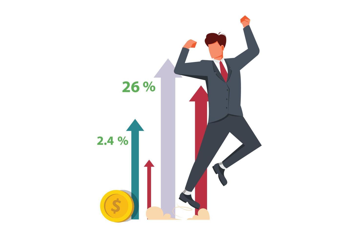 inversión rentable, financiación de ilustración vectorial plana. renta del mercado de valores. exitoso hombre de negocios de pie en la pila de monedas. banquero millonario, personaje de dibujos animados financiero. diagrama, gráfico de crecimiento vector