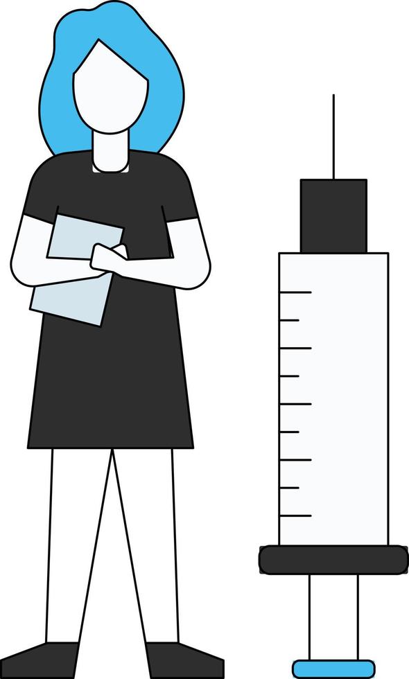 The girl is standing with the vaccine injection. vector