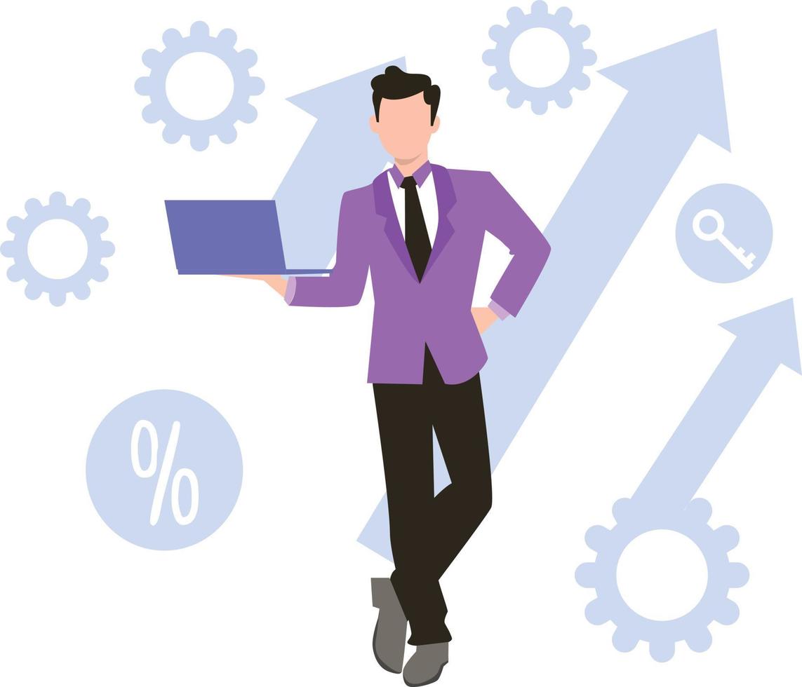 The boy is standing with a laptop in his hand. vector