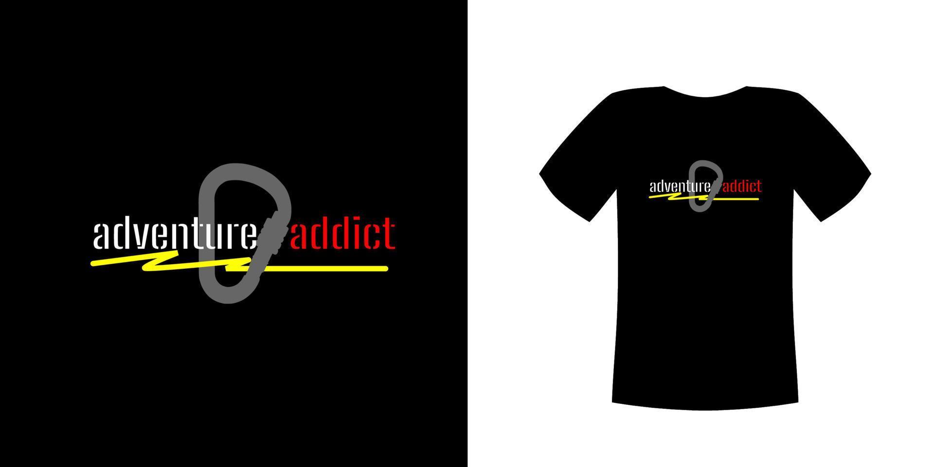 T-shirt design vector, with a gray carabiner illustration shape on a dark cloth with the text adventure addict, can be adjusted for other different background colors vector