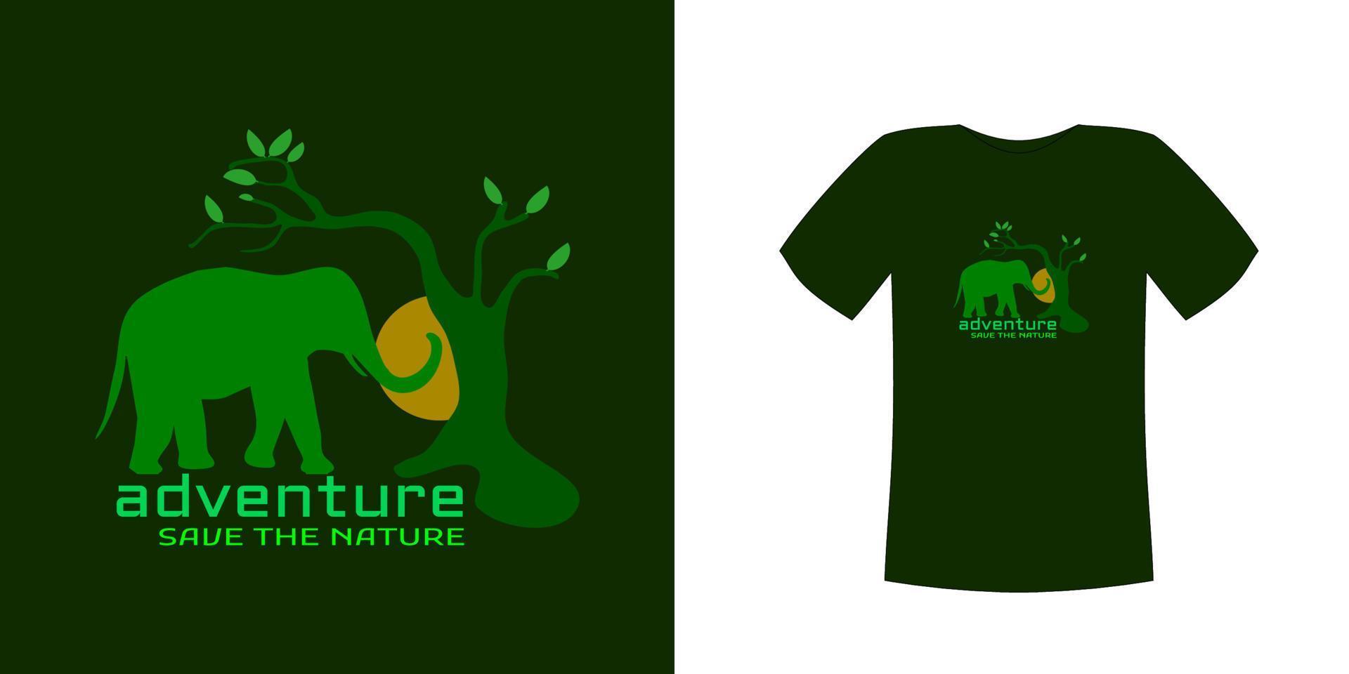 El vector de diseño de camisetas, con silueta de elefante, árbol y luna en tela oscura con texto de aventura salva la naturaleza, se puede personalizar para diferentes colores de fondo.