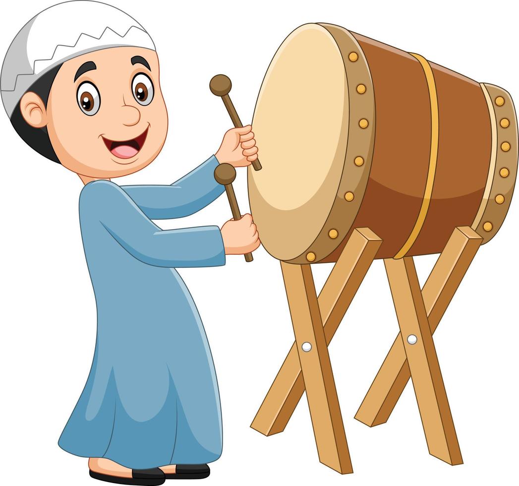 Cartoon Muslim boy hitting Bedug vector