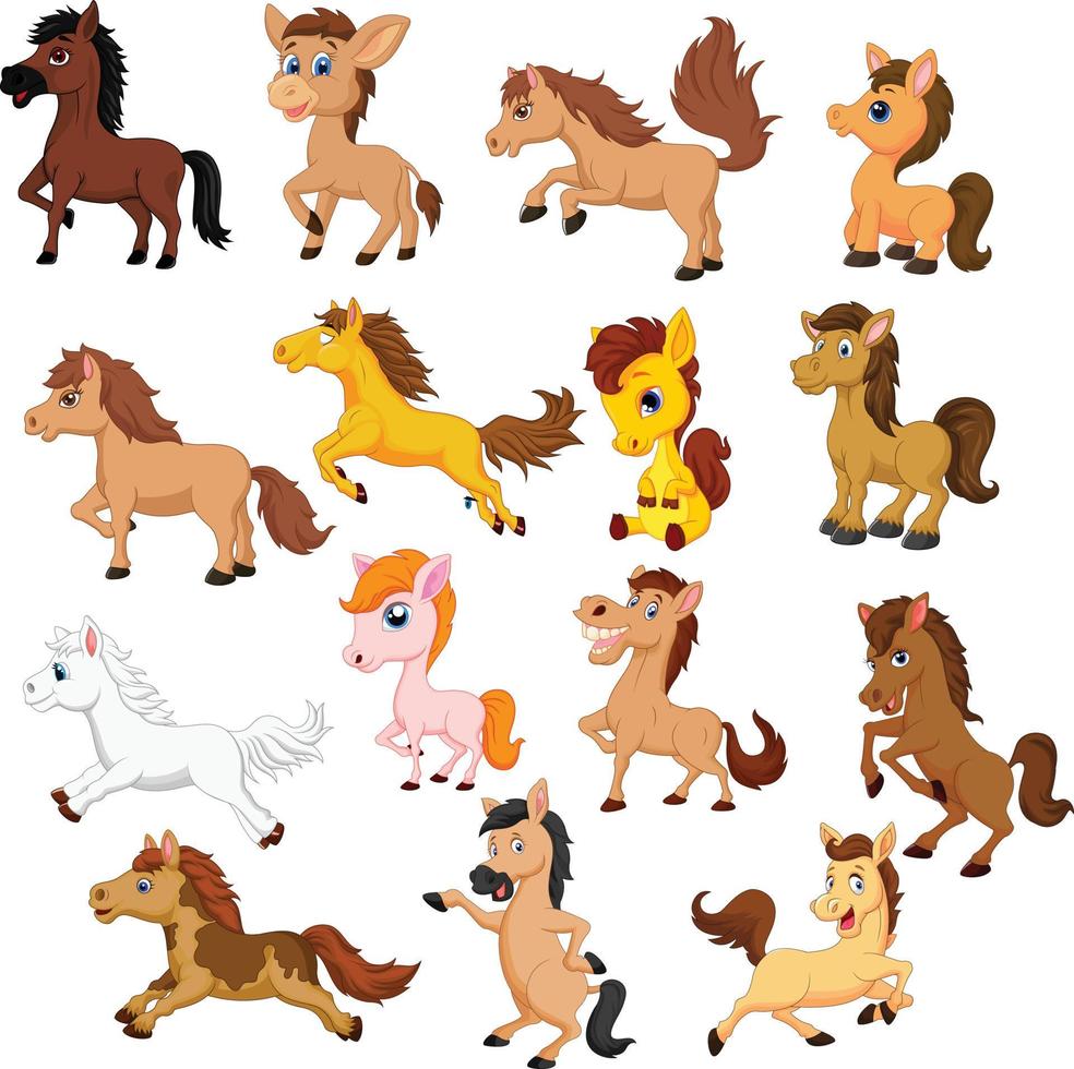 Set of cute cartoon horse isolated on a white background vector