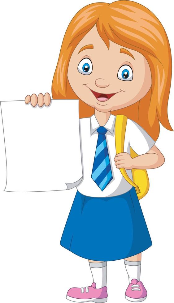 Cartoon school girl in uniform holding blank paper vector