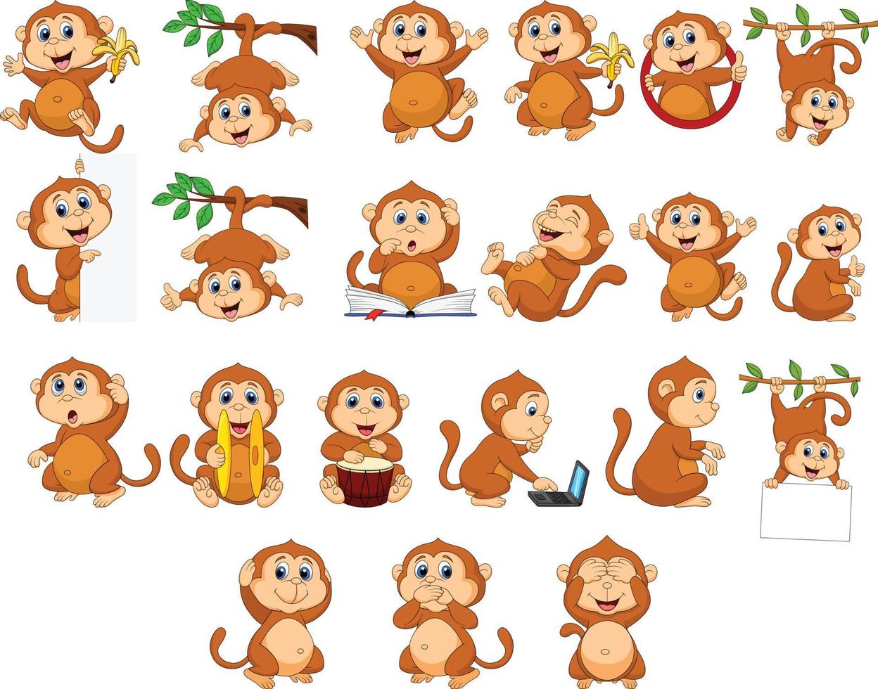 colección de monos felices de dibujos animados con diferentes acciones vector