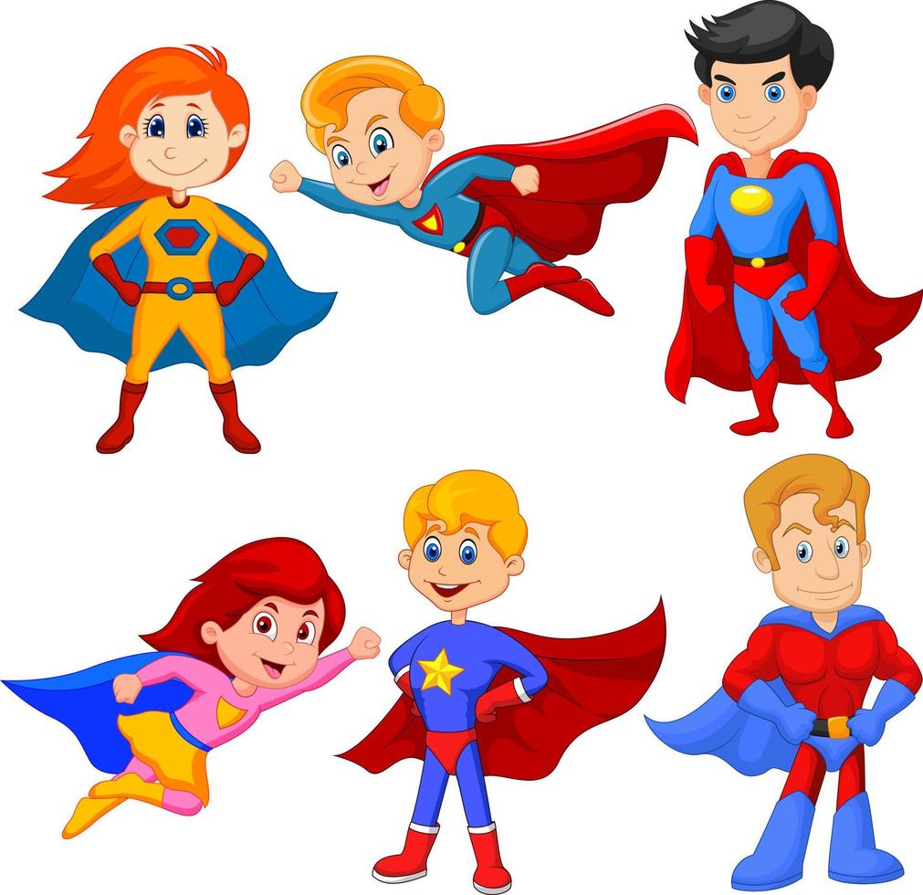 conjunto de superhéroes niña y niño con pose diferente vector