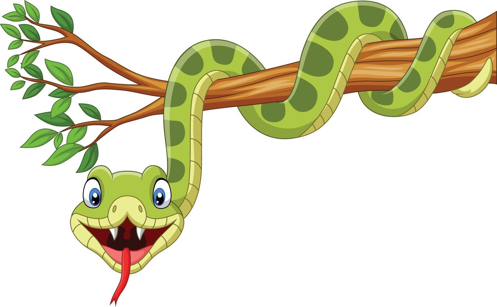 serpiente verde de dibujos animados en la rama de un árbol vector