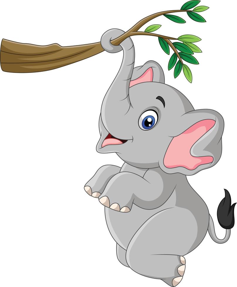 Cartoon funny elephant playing on a tree branch vector
