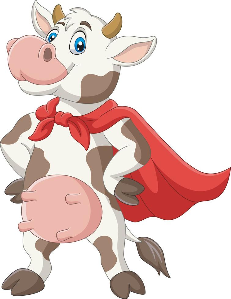 Cartoon superhero cow in red cape posing vector