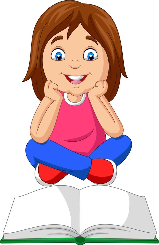 Cartoon little girl reading open book sitting on floor vector