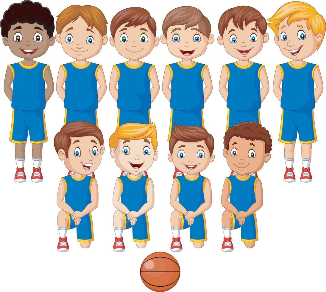 equipo de niños de baloncesto de dibujos animados en uniforme vector