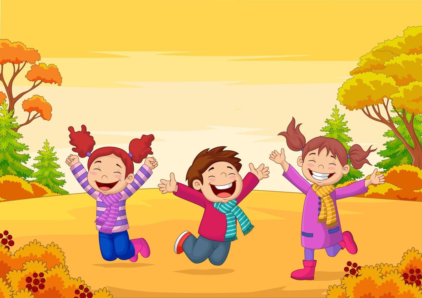 Happy children jumping on autumn background vector