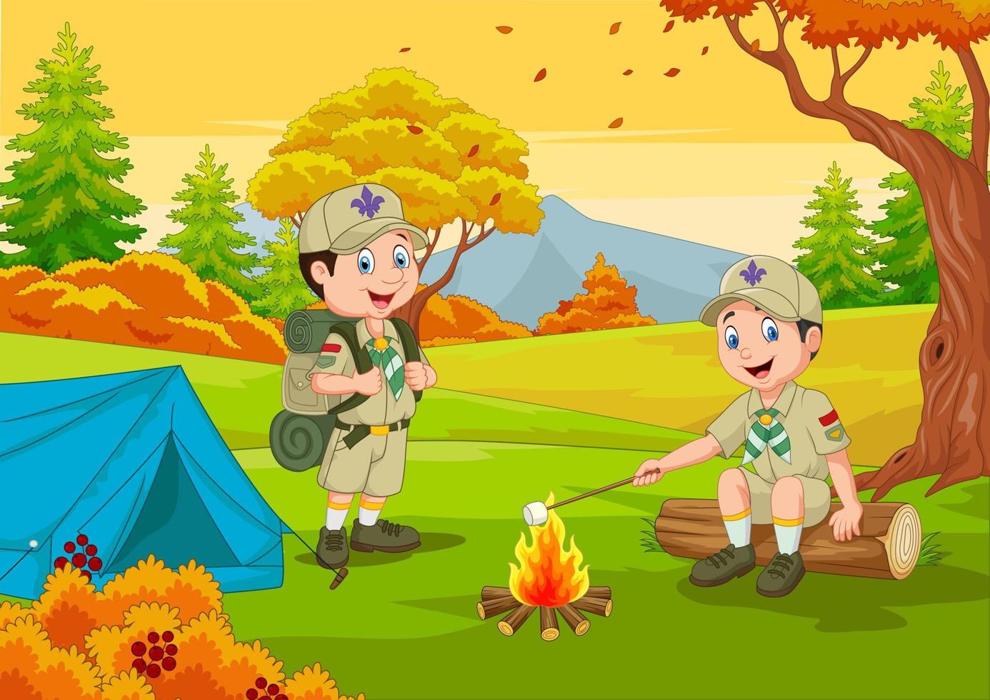 Cartoon scout with tent and camp fire vector