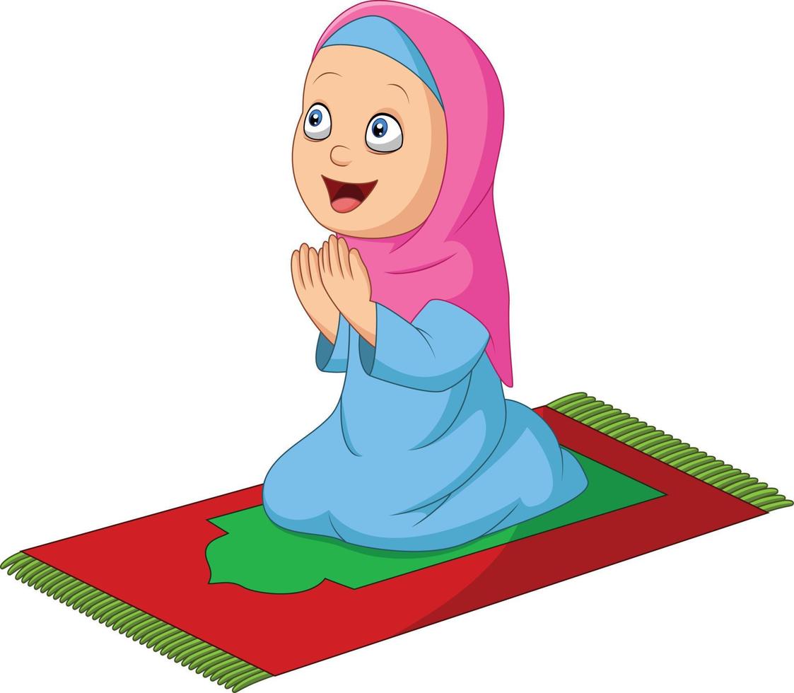 Cartoon Muslim girl praying on the prayer rug vector