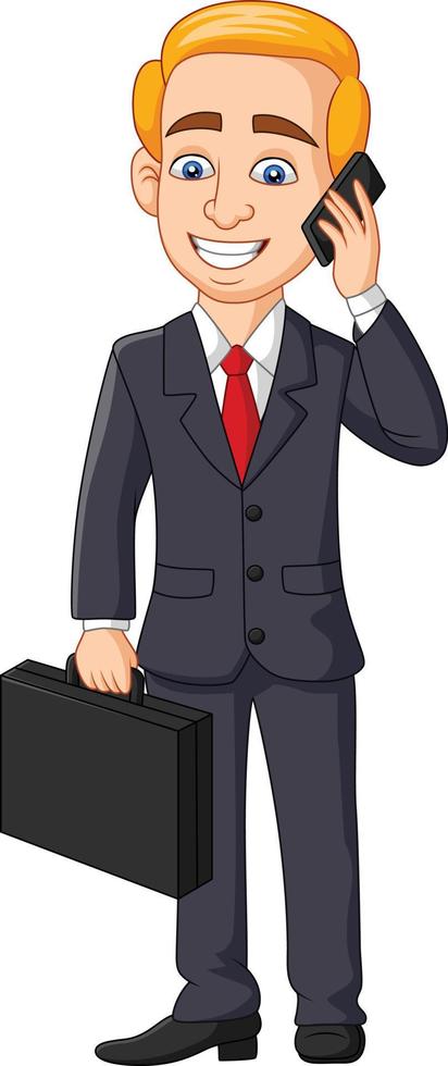 Cartoon Businessman talking on phone holding folder briefcase vector