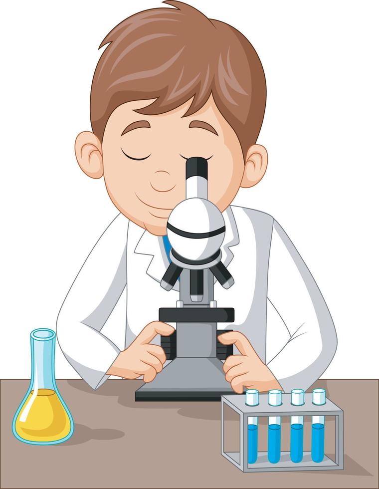 niño usando microscopio en el laboratorio vector