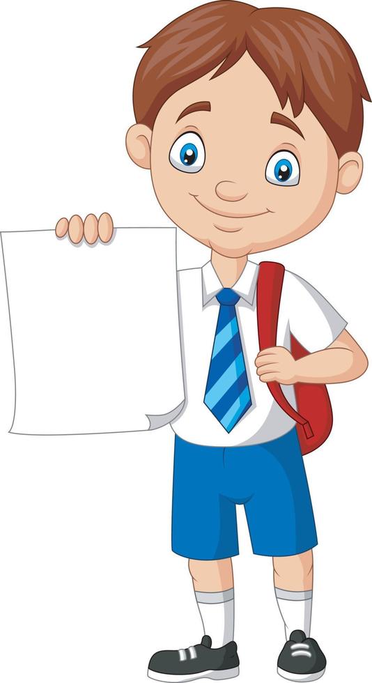 Cartoon school boy in uniform holding blank paper vector