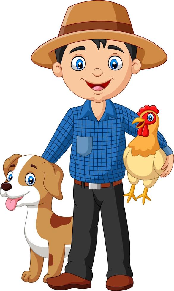 Cartoon young farmer with hen and dog vector