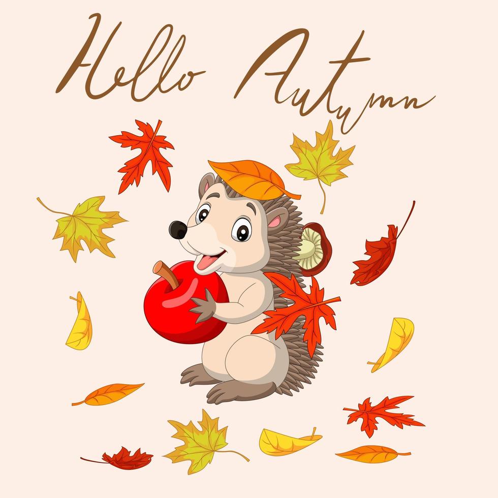 Hello autumn with leaves and cute hedgehog holding red apple vector