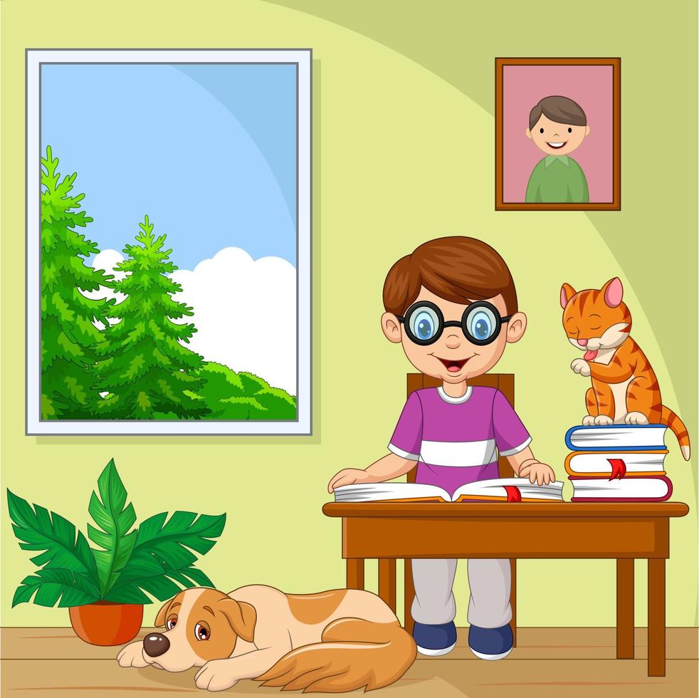Cartoon little boy studying in the room vector