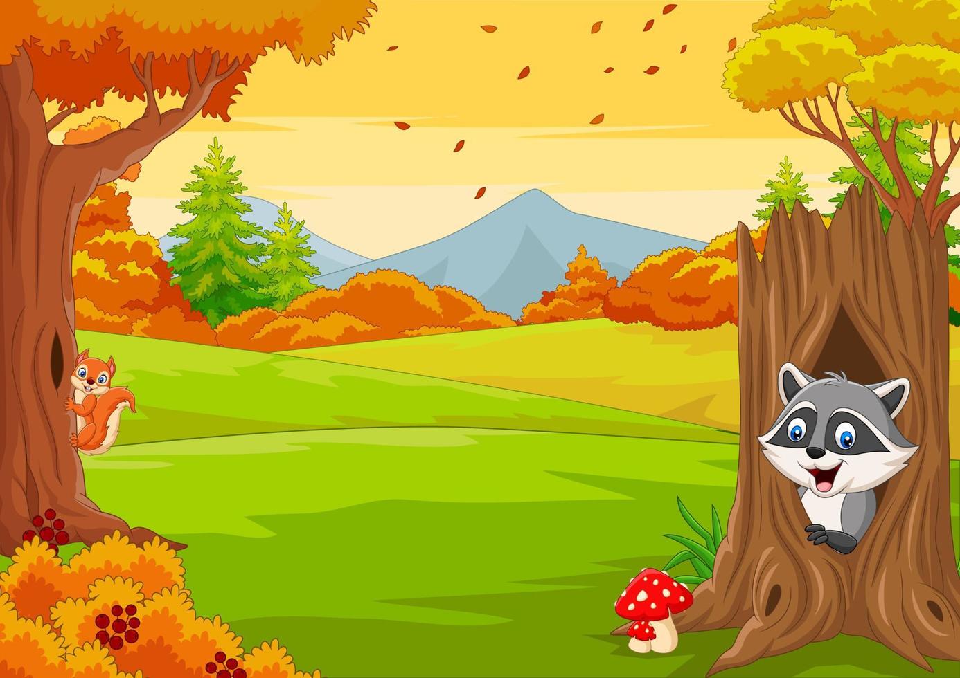Cartoon squirrel with raccoon in the autumn forest vector