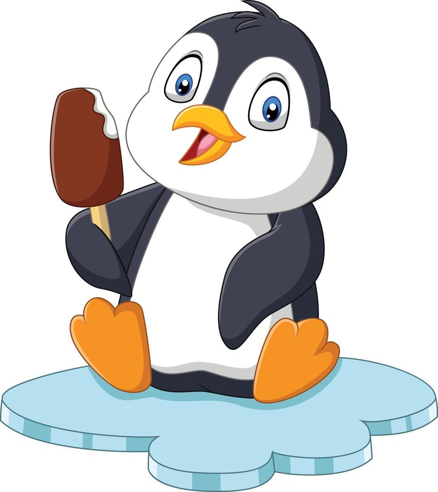 Cartoon penguin holds chocolate ice cream treat vector