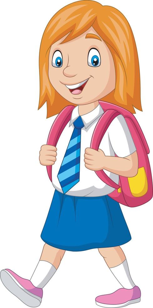 Cartoon happy school girl in uniform carrying backpack vector