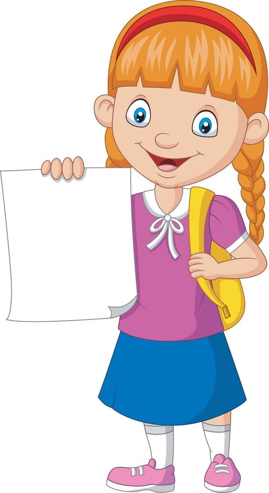 Cartoon school girl holding blank paper vector