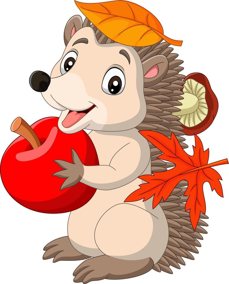 Cartoon baby hedgehog with red apple, autumn leaves and mushroom vector