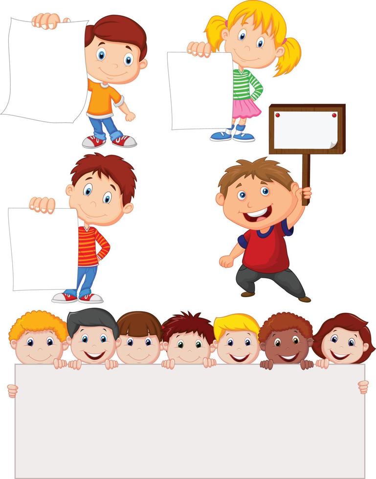  niños de dibujos animados con cartel en blanco   Vector en Vecteezy
