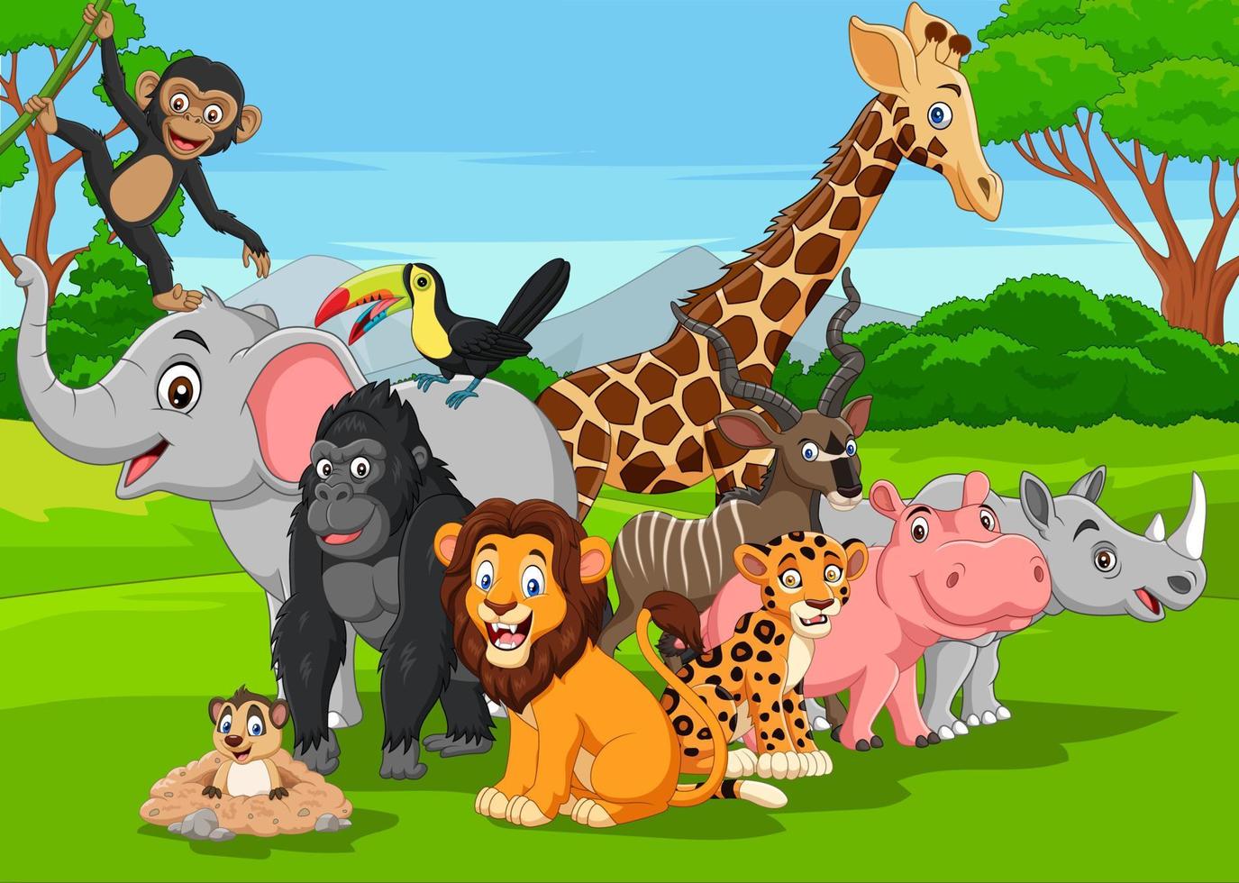 Cartoon wild animals in the jungle vector