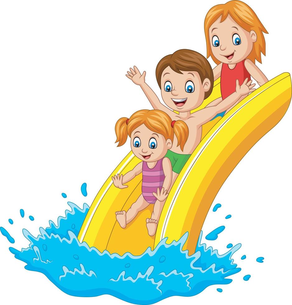 familia feliz jugando tobogán de agua vector