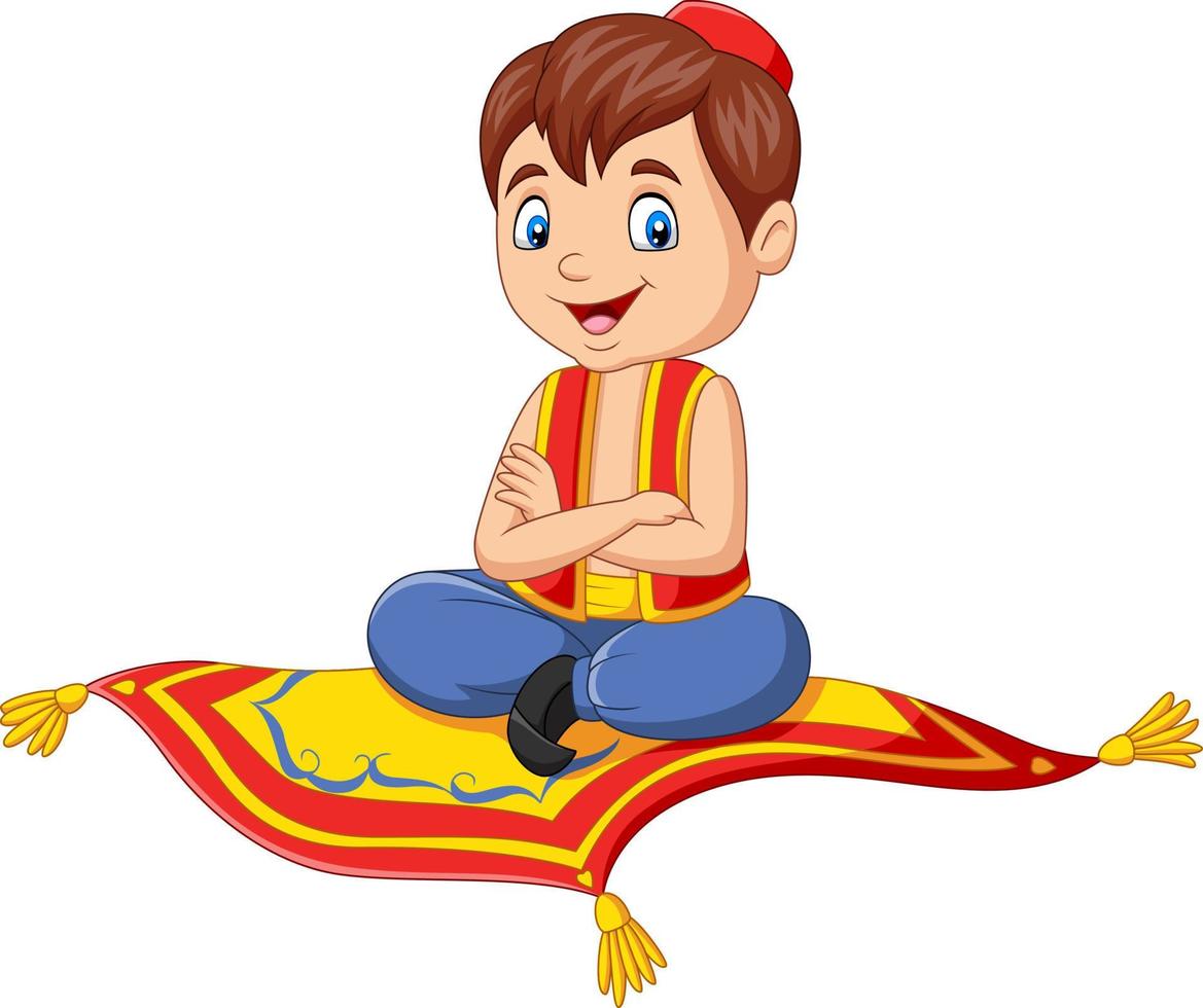 Cartoon aladdin travelling on flying carpet vector