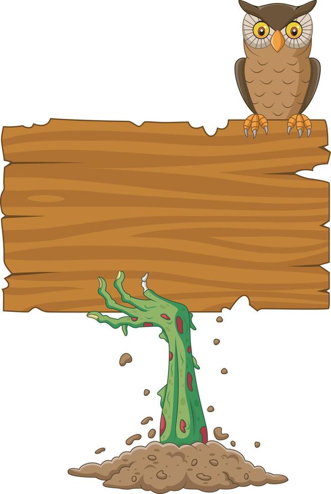 Cartoon zombie hand holding blank sign with owl bird vector