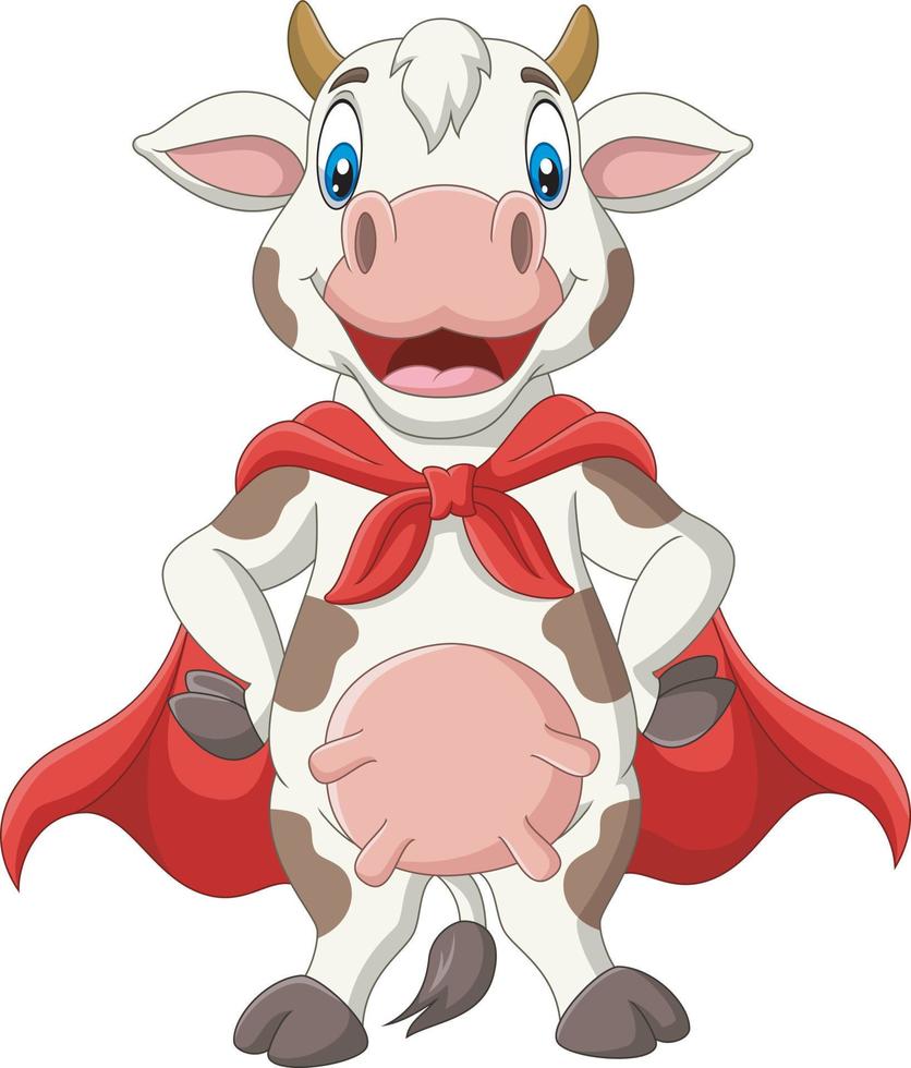 Cartoon superhero cow in red cape posing vector