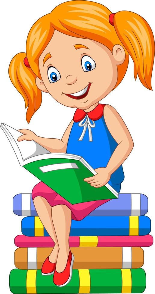 Cartoon little girl reading a book on the pile books vector