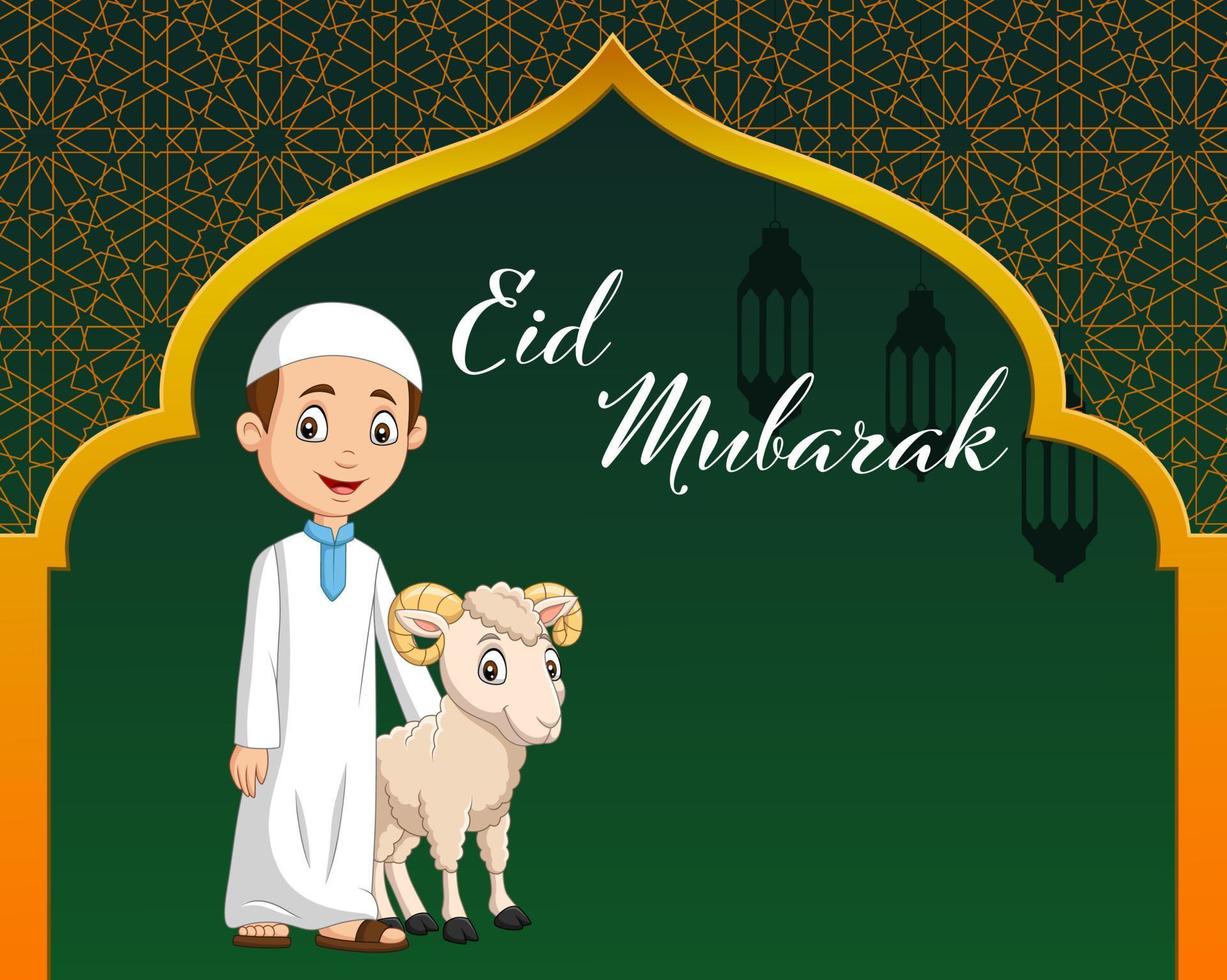 niño musulmán de dibujos animados con cabra para celebrar eid al adha vector