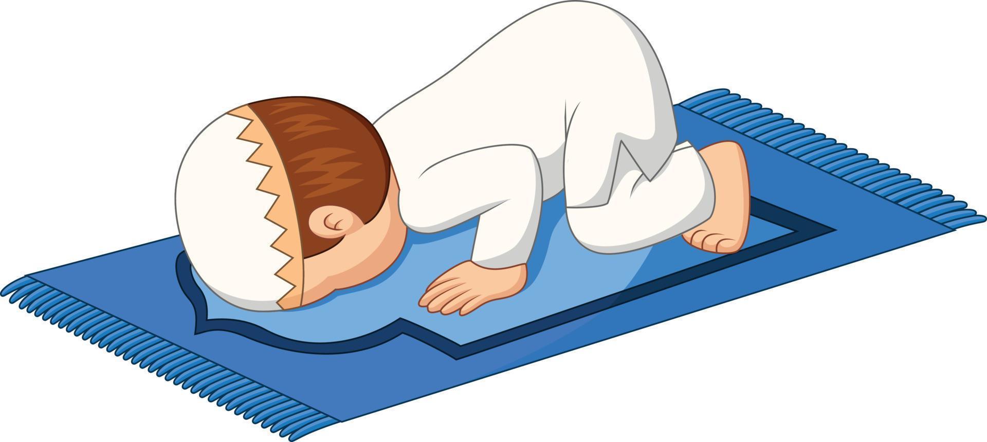 Cartoon Muslim boy praying on the rug vector