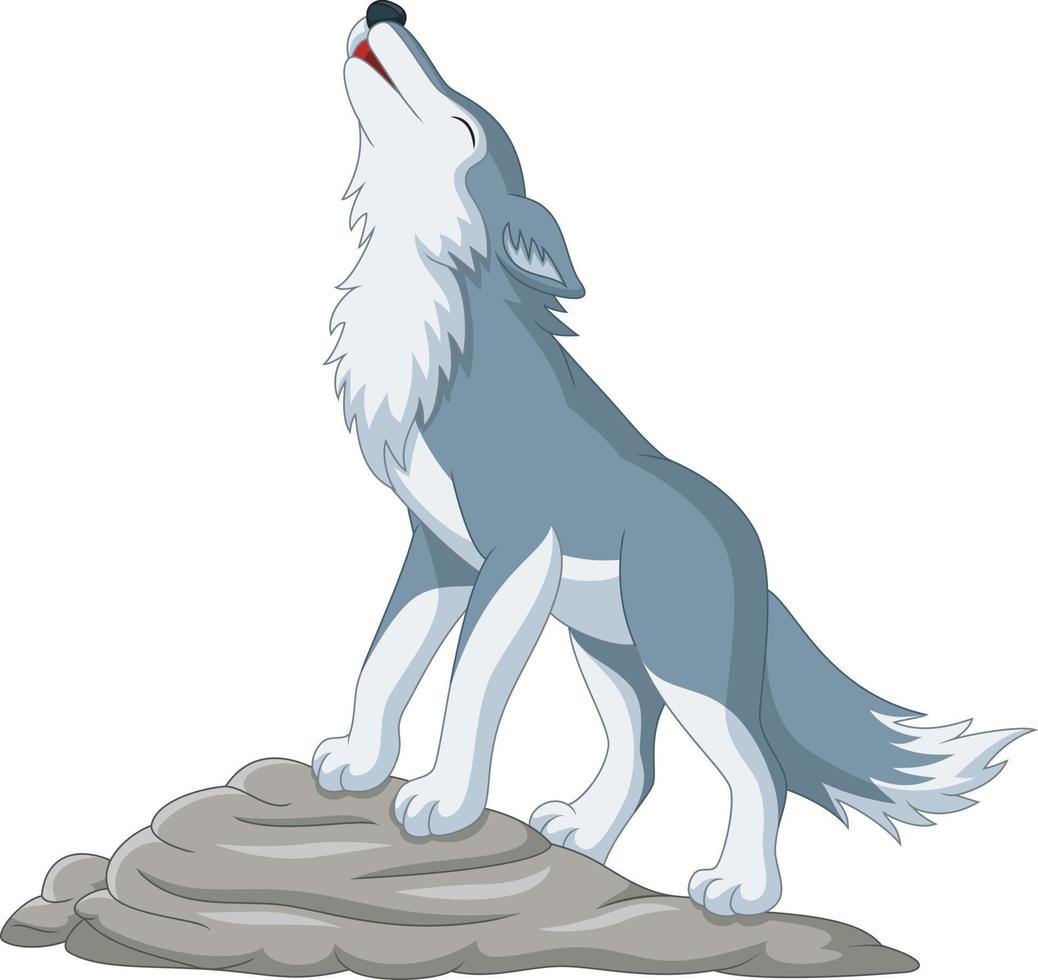 Cartoon wolf howling on the rock vector