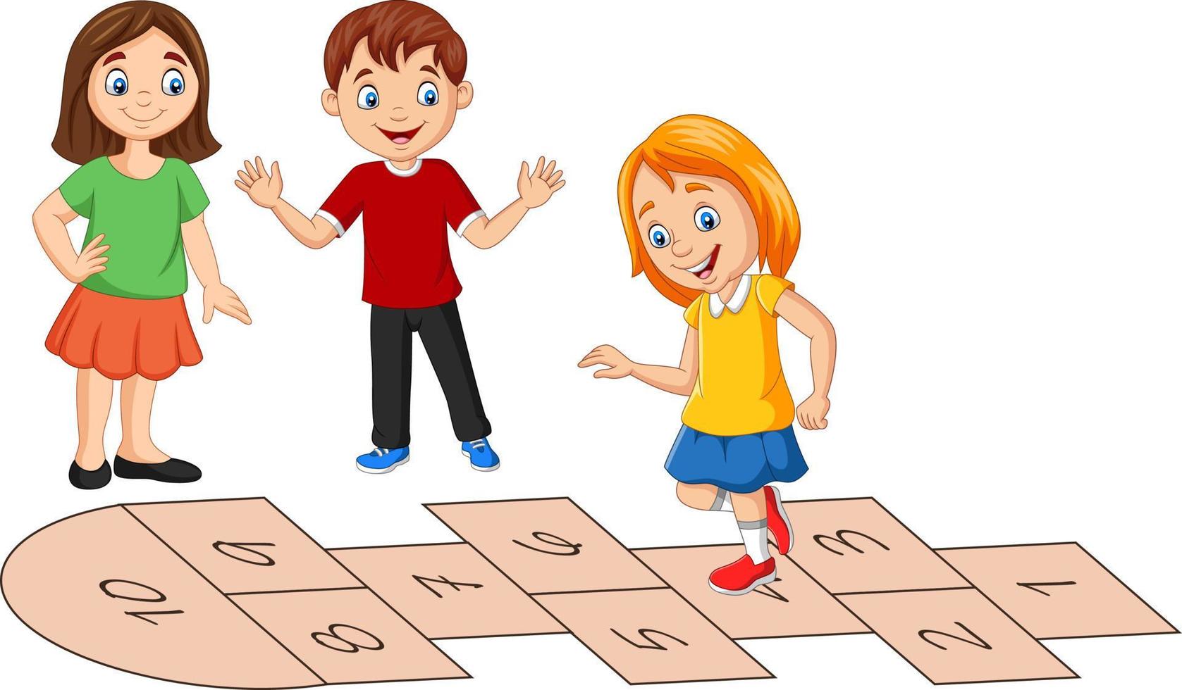 Children playing hopscotch on white background vector