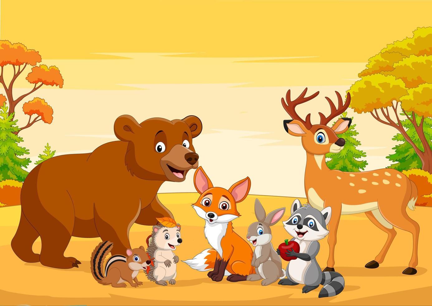 Cartoon wild animals in the autumn forest vector