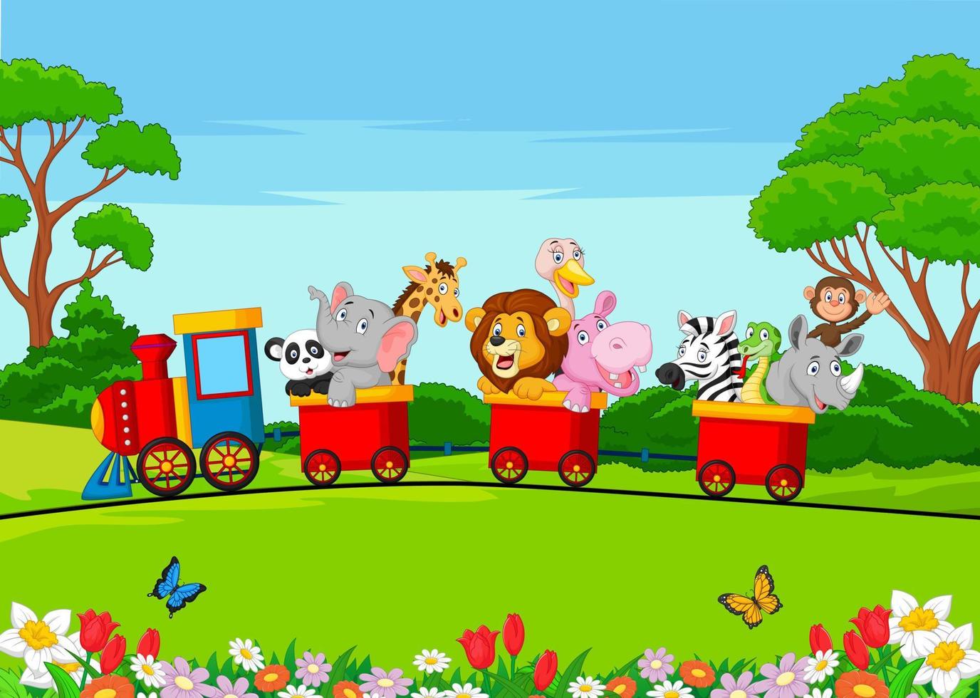 Safari animals riding on the train in the park vector