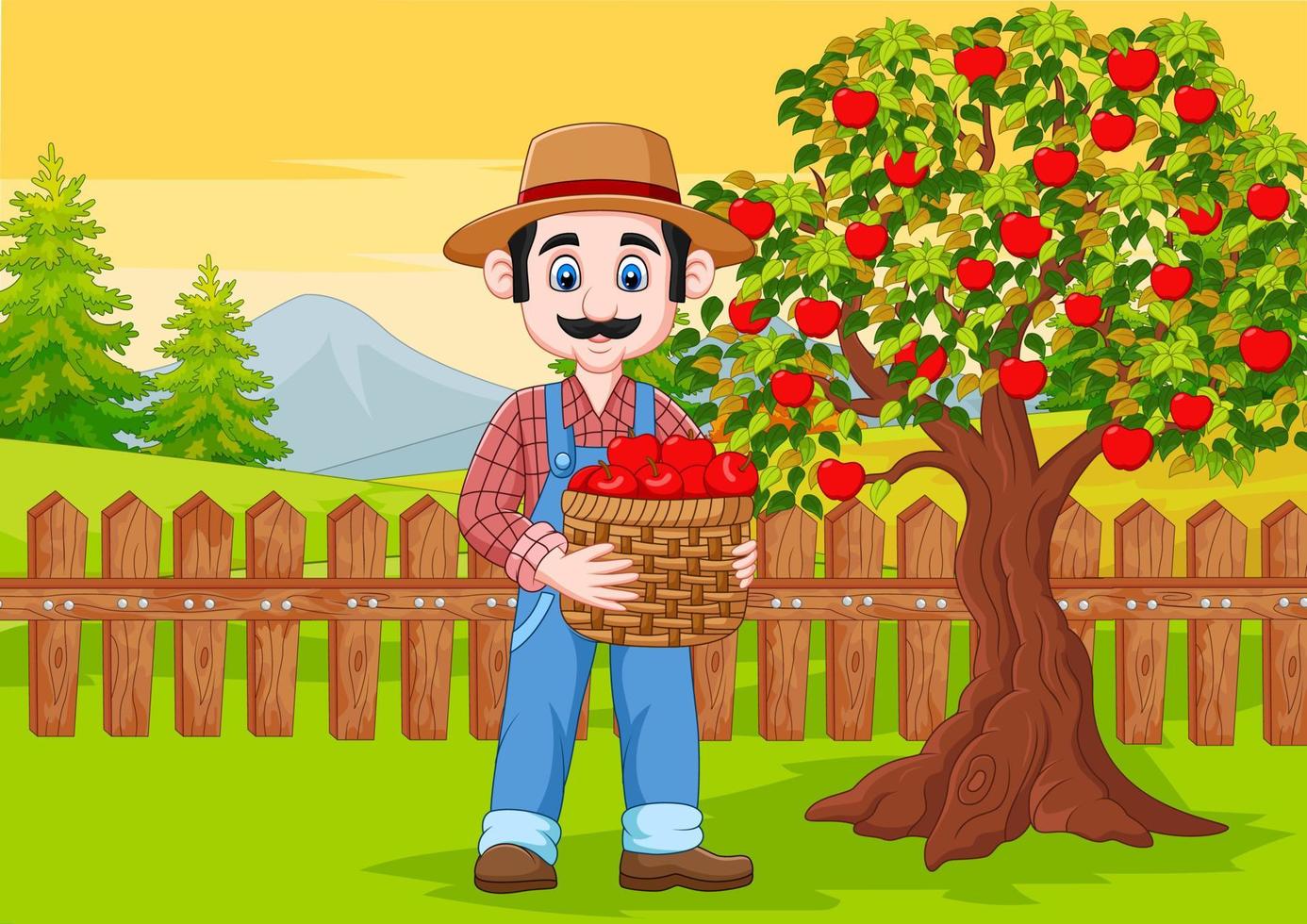 granjero de dibujos animados con cesta de manzanas en la granja vector