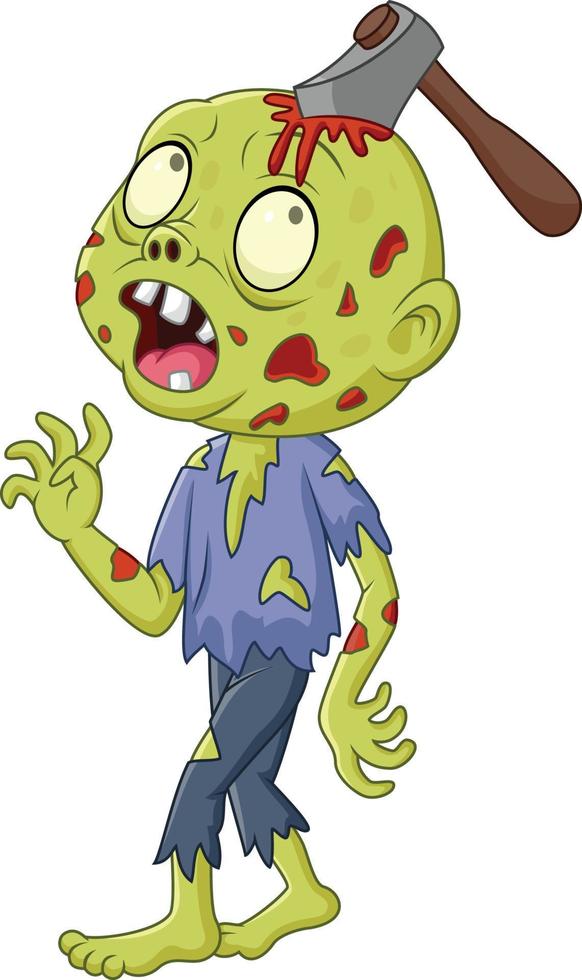 zombie de dibujos animados con un hacha en la cabeza vector